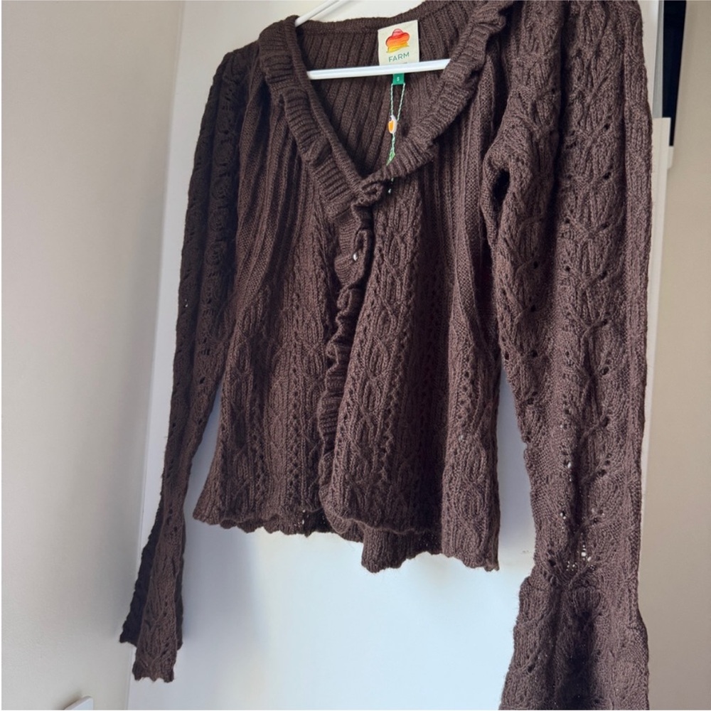 Farm Rio: NWT: Lace Stitch Knit Ruffles Cardigan - Brown DT - Picture 10 of 11
